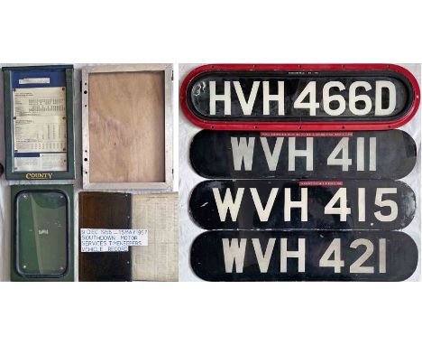 Selection (8 items) of bus-related material: 4 Huddersfield Corporation glass REGISTRATION PLATES, 2 bus stop TIMETABLE HOLDE