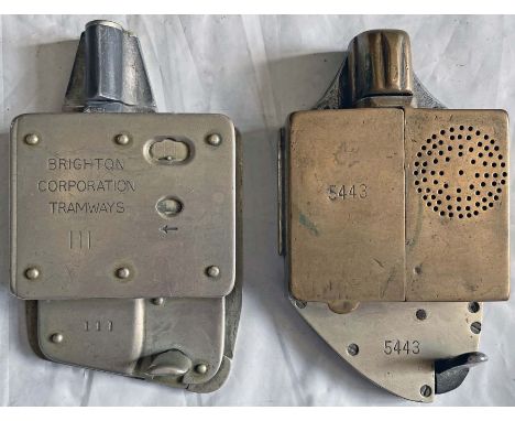 Pair of tramway-type PUNCH TICKET MACHINES, the first is Brighton Corporation Tramways machine no 111 and the other from an u