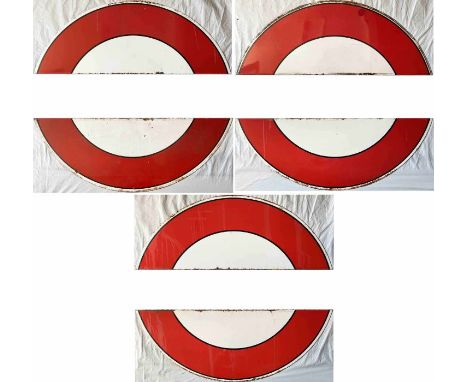 Three pairs of 1930s/40s London Underground enamel 'HALF-MOONS' from platform bullseye signs. Both have the pre-WW2 black lin