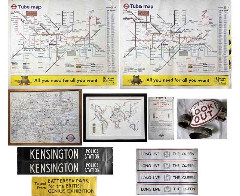 Bundle (13) of misc London Transport/TfL items comprising 2 x 1999 laminated, quad-royal Underground POSTER MAPS (ex-use cond