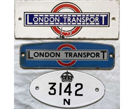 Trio of small ENAMEL PLATES comprising a 1930s London Transport bus stop timetable panel header (some damage to the enamel), 