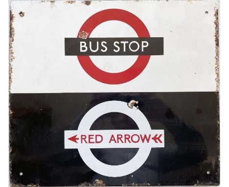 London Transport enamel BUS STOP SIGN split Bus and Red Arrow. A single-sided plate, slightly smaller than the standard size 