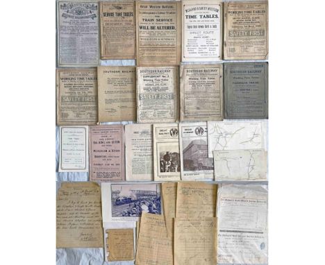 Railway ephemera (28 items): GWR 1878 Tourist Arrangements, 1896 Service Time Tables Supplement, c1920 'Labour Troubles' Time