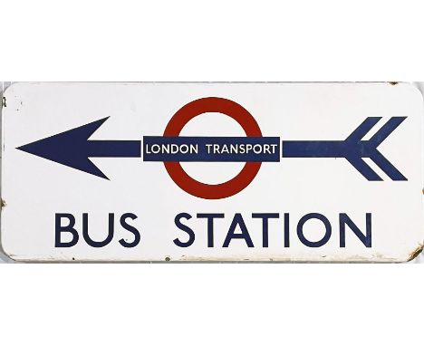 c1950s London Transport enamel STREET SIGN 'Bus Station' with a 'London Transport' bullseye device pierced by a left-facing d