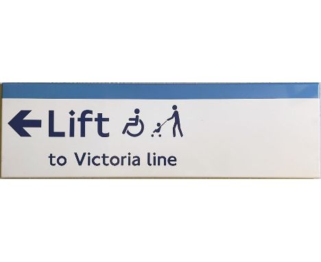 London Underground enamel SIGN: Lift to Victoria Line with arrow and symbols. Ex-Brixton station as per note on reverse. A fl