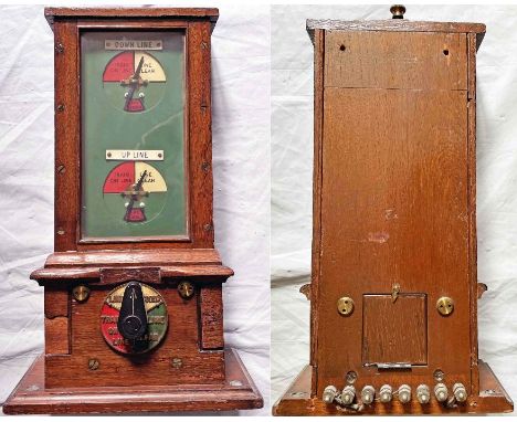 LNER BLOCK INSTRUMENT, double-line rotary type, plated 'Down Line' and 'Up Line', in mahogany case. Stands 18" (46cm) tall an
