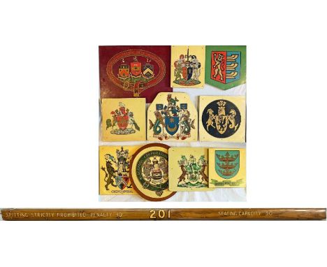 Good quantity (10) of MUNICIPAL CRESTS &amp; COATS-OF-ARMS plus a WOODEN PANEL 'Spitting Prohibited....', believed to be ex-D