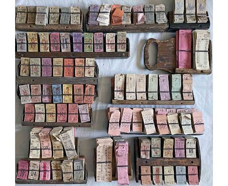 Good quantity (13) of bus TICKET RACKS, both wooden and metal examples, various sizes, some double-sided and all filled with 