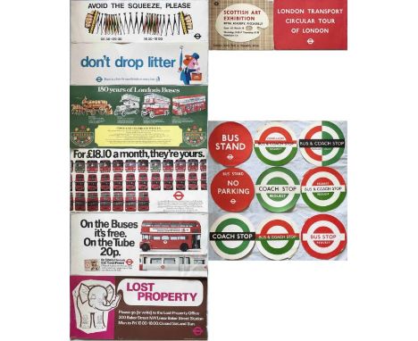 Selection (17) of London Transport bus interior and panel POSTERS etc and DOLLY STOP STICKERS. Interior posters are for RT &a