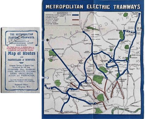 c1910/11 Metropolitan Electric Tramways pocket MAP OF ROUTES and Particulars of Services. Includes the "Middlesex and Hertfor