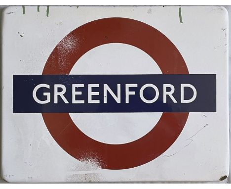 Small London Underground enamel SIGN from Greenford station on the Central line. A flanged sign, bullseye type, circa 1950s/6