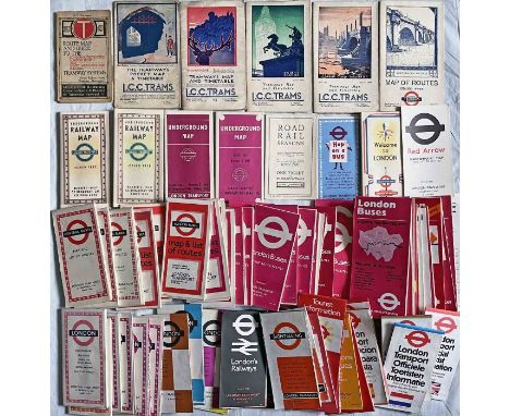 Large quantity (70+) of London Transport etc POCKET MAPS incl c1914 Tramways, 1920s/30s LCC Tramways, 1930s Underground paper