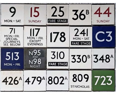 Large quantity (20) of London Transport bus stop enamel E-PLATES comprising routes 9 Mon-Sat, 15 Sunday (red digits), 25 Fare