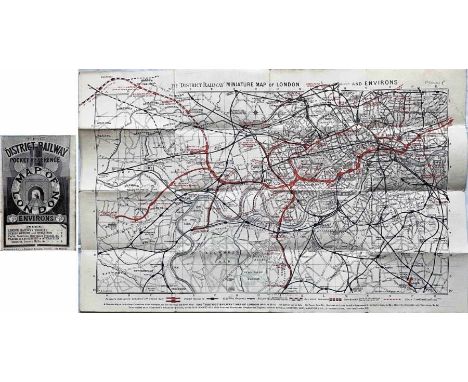 1902 District Railway 'POCKET REFERENCE MAP OF LONDON &amp; ENVIRONS' with cover illustration of steam train in tunnel with m