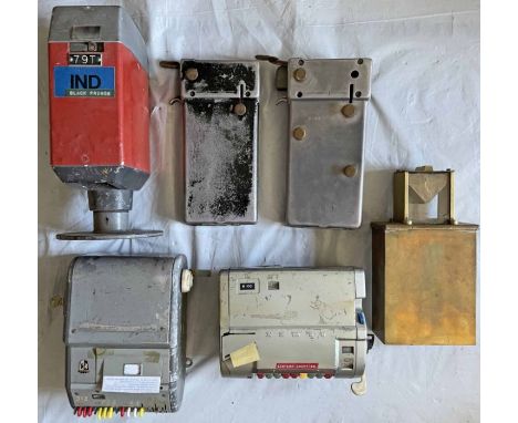 Selection (6) of fare-collecting items: ALMEX M-TYPE TICKET CANCELLER labelled Black Prince, A small brass/glass FAREBOX, 2 W