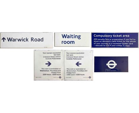 Selection (5) of London Underground SIGNS comprising 3 enamel: Warwick Road, Waiting Room and Compulsory Ticket Area and 2 in