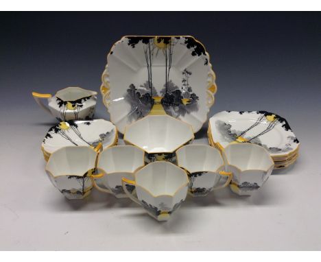 A Shelley Queen Anne pattern Tall Trees and Sunrise pattern tea service,  comprising five cups and saucers, six side  plates,