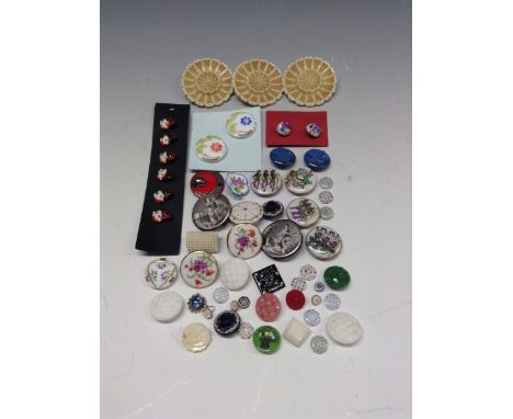 Buttons - a set of three large ceramic buttons, moulded as flower heads;  a set of four painted circular ceramic buttons, wit