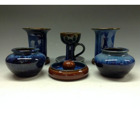 A Denby Danesby Ware Electric Blue drip glazed Knocker Ash Tray, 11.5cm diam, printed marks in black; a matched pair of taper