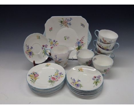 A Shelley Wild Flowers pattern tea service,  for six, comprising teacups, saucers and side plates, milk jug, bread and butter