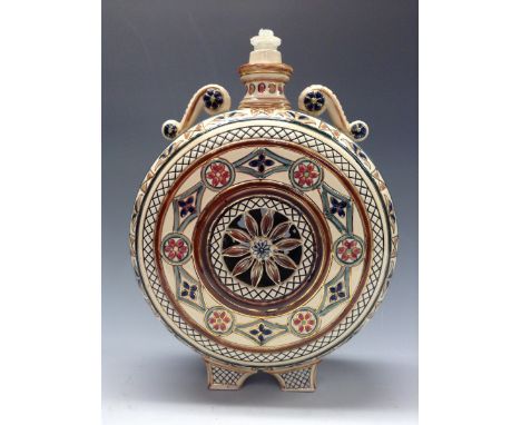 A Continental pottery moon flask lamp base,  probably Mettlach/Zsolnay Pecs, the centre pierced with stylised flower, banded 