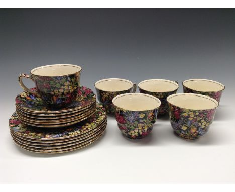 A Royal Winton Chintz Blck Crocus pattern tea service, for six, printed marks, pattern no. 4110