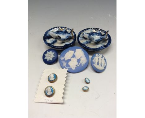 Buttons - a pair of large blue and white ceramic buttons/toggles, moulded in relief with koi carp;  a circular Wedgwood Jaspe