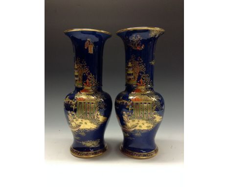 A pair of Wiltshaw and Robinson Carltonware Barge temple jars, printed and painted with figures in a barge, before pagodas, b