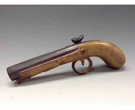 A Bourne Denby  brown salt glaze stoneware novelty flask, in the form of a pistol, chequered grip, 25cm long, late 19th centu