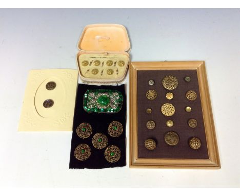 Buttons - a set of six yellow metal circular buttons and loops, cased;  a Victorian Kate Greenaway circular button;  another 