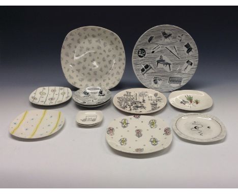 A pair of Ridgeway Homemaker pattern dinner plates, printed in monochrome with stylised 1950s home furnishings, 25cm diam, pr