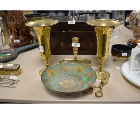 A selection of brass wares including pair of fluted vase and chamber stick