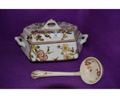 An art deco styled soup or serving tureen by Wedgwood in the Clematis design with similar patterned ladle
All pieces in good 