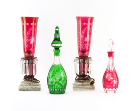 Collection of Four (4) Antique Etched Glass Decorative Items. Includes: pair of electric lusters, green to clear decanter, re