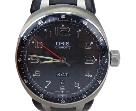 Men's Oris Automatic Watch, Titanium Case with Skeleton Case Back, Rubber Strap. Case measures 42mm. Running. Surface wear an