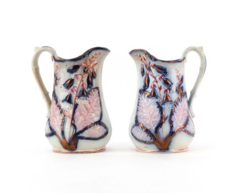 Pair of English Lusterware Floral Raised Relief Ceramic Jugs/Pitchers. Unsigned with blue dot on underside of both pitchers. 