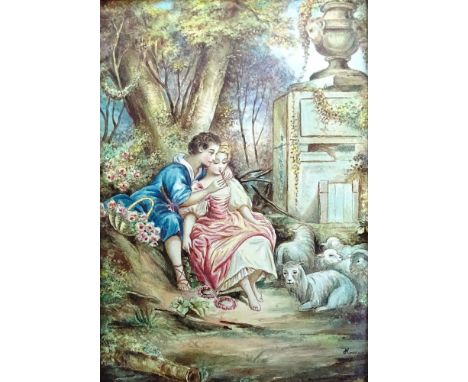 Pair of Vintage Paintings On Copper In Florentine Carved Giltwood Frames. "Romantic Scenes" One with artist signature. Good c