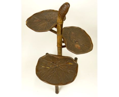 Early 20th Century Bamboo Étagère with Carved Wood Lily Pad Shelves with Traces of Lacquer. Unsigned. Wood Losses, Lacquer Lo