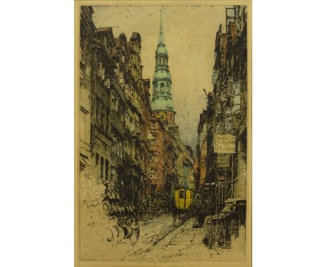 Luigi Kasimir, Austrian (1881-1962) Color Etching "Vienna Street, 1927) Signed in Pencil Lower Center. Light Foxing, Toning f