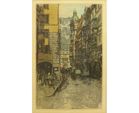 Luigi Kasimir, Austrian (1881-1962) Color Etching "Austrian Street" Signed in Pencil Lower Center. Light Foxing, Toning from 