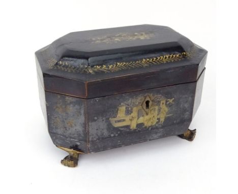 Antique Chinese Lacquered Wood Octagonal Form Tea Caddy. Gold leaf scrolling with various courtyard scenes on surface, standi