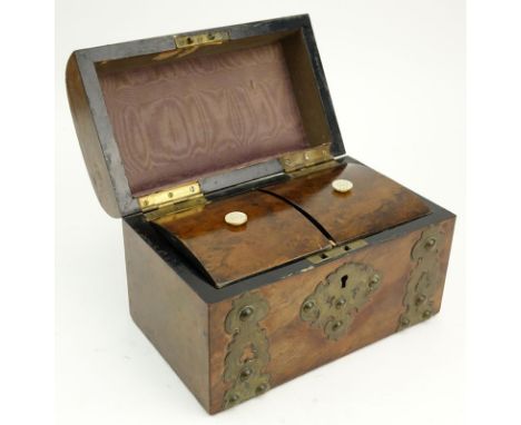 19th Century English Chest Shaped Burlwood and Brass Mounted Tea Caddy. Two interior compartments with burlwood lids, fabric 