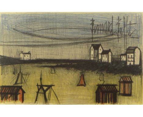 Bernard Buffet, French (1928-1999) Color Lithograph "Landscape with Houses". Signed within Plate. Toning Otherwise Good Condi