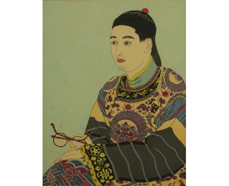 Paul Jacoulet, French (1902-1960) Color Wood Block Print "Le Mandarin aux lunettes" Signed and Stamped Lower Right. Minor Fox