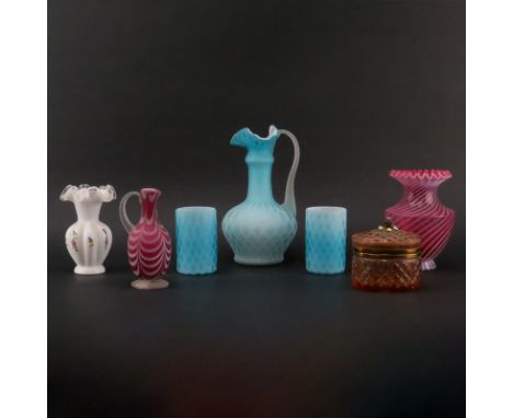 Collection of Seven (7) Antique and Vintage Glass Tabletop Items. Includes: cased glass ewer and tumblers, small cased glass 