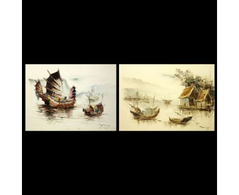 Two Vintage Mid Century Decorative Oil on Canvas Paintings "Chinese Boats" Signed Tony Wang HK. Good condition. Measures 18" 