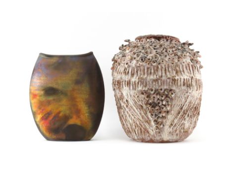 Grouping of Two (2) Large American Ceramic Vases. Includes Michael Weinberg raku vase (10-1/2" H), Terrin Levitt raised relie