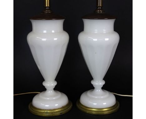 Pair of Vintage French White Opaline Lamps. Unsigned. Light wear or in good condition. Measures 33" to top of finial, 18" to 