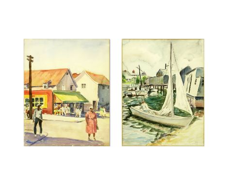 Raymond Simboli, American (1894-1964) Two (2) watercolor on paper. "Heading Out For A Sail", "Rural Town". Signed R. Simboli,