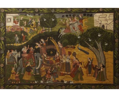 Large Vintage Indian (India), Hindu Painting on Fabric, laid down on board.  This busy scene depicts a village market place. 